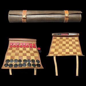 Top Grain Leather Roll Up Chess / Checker Travelling Game Board